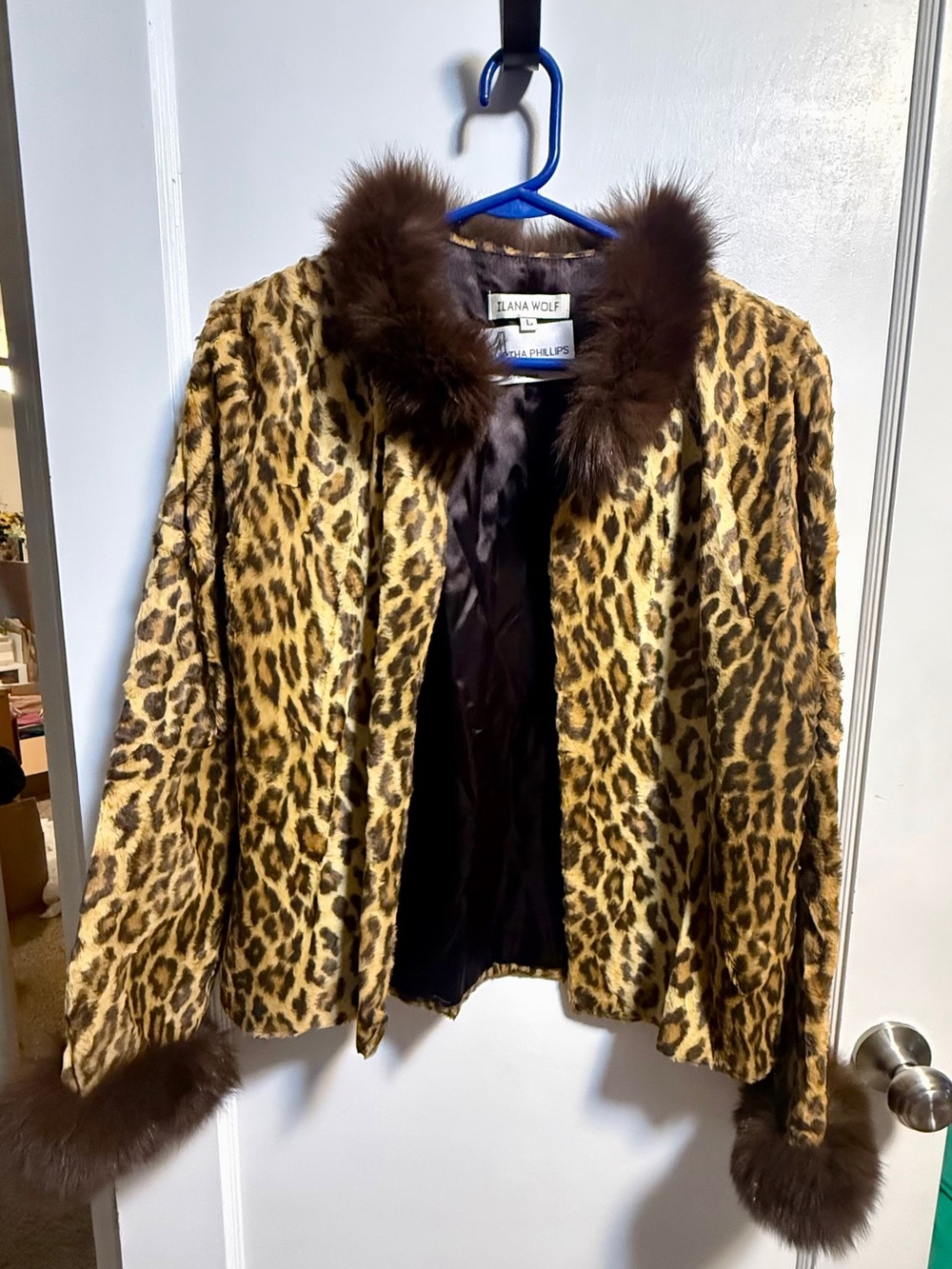 Leopard Print Teddy Jacket with Faux Fur Trim - Brown